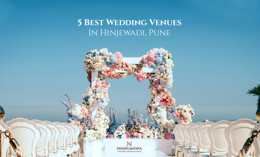 Elegant outdoor wedding setup at a convention centre in Pune with decorated lawns and banquet space