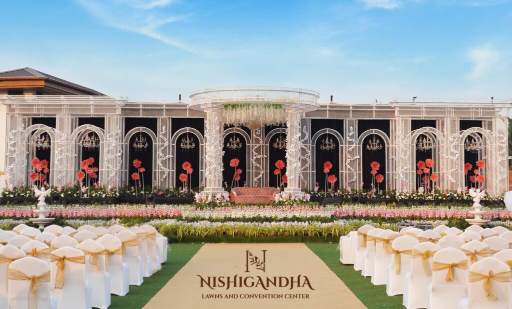 Elegant outdoor wedding setup at Nishigandha Lawns, a premium wedding venue Pune with lush décor and spacious lawns