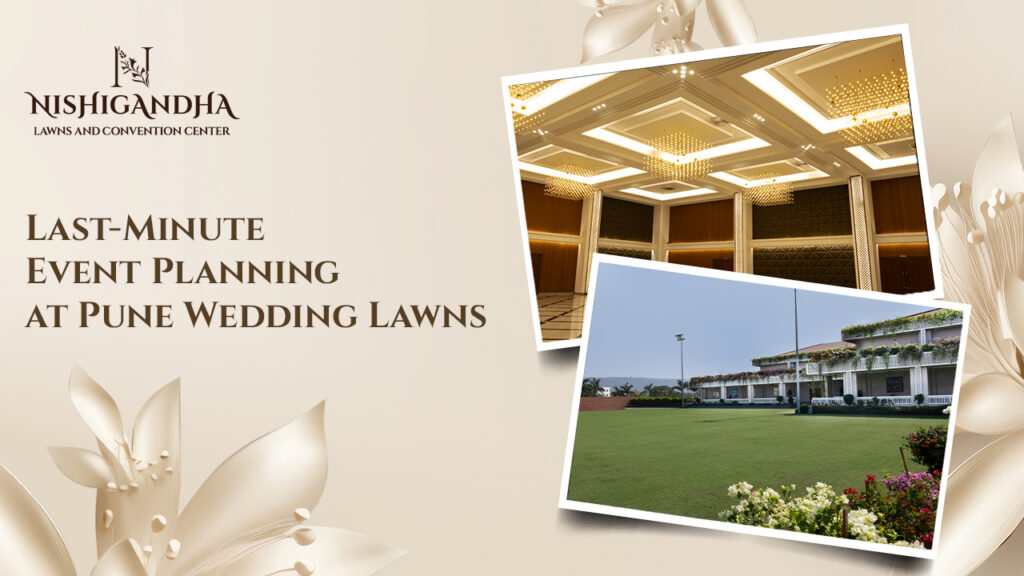 Outdoor event setup at a modern convention centre in Pune with decorated lawn and elegant seating