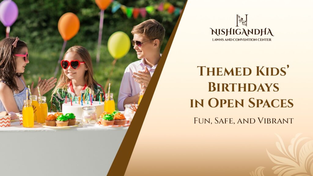Kids enjoying a colorful outdoor birthday party setup at convention halls and lawns in Pune with games and decorations