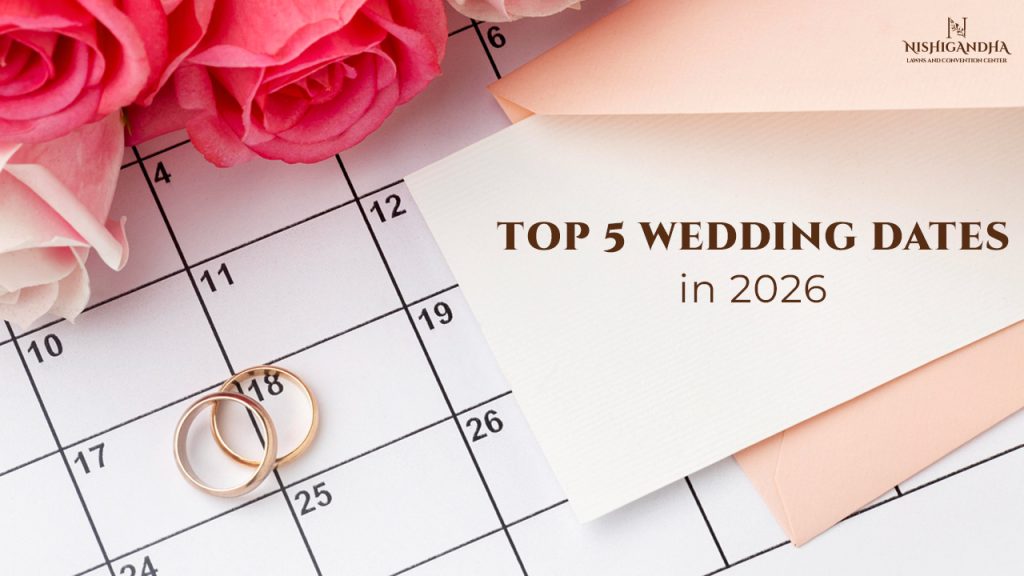 Couple planning their ceremony dates with calendar at an elegant wedding venue Pune with landscaped lawns