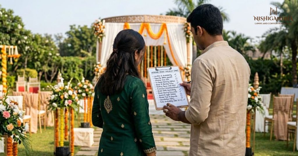 Bride and groom discussing wedding venue options at beautiful wedding lawns in Pune with elegant outdoor setup