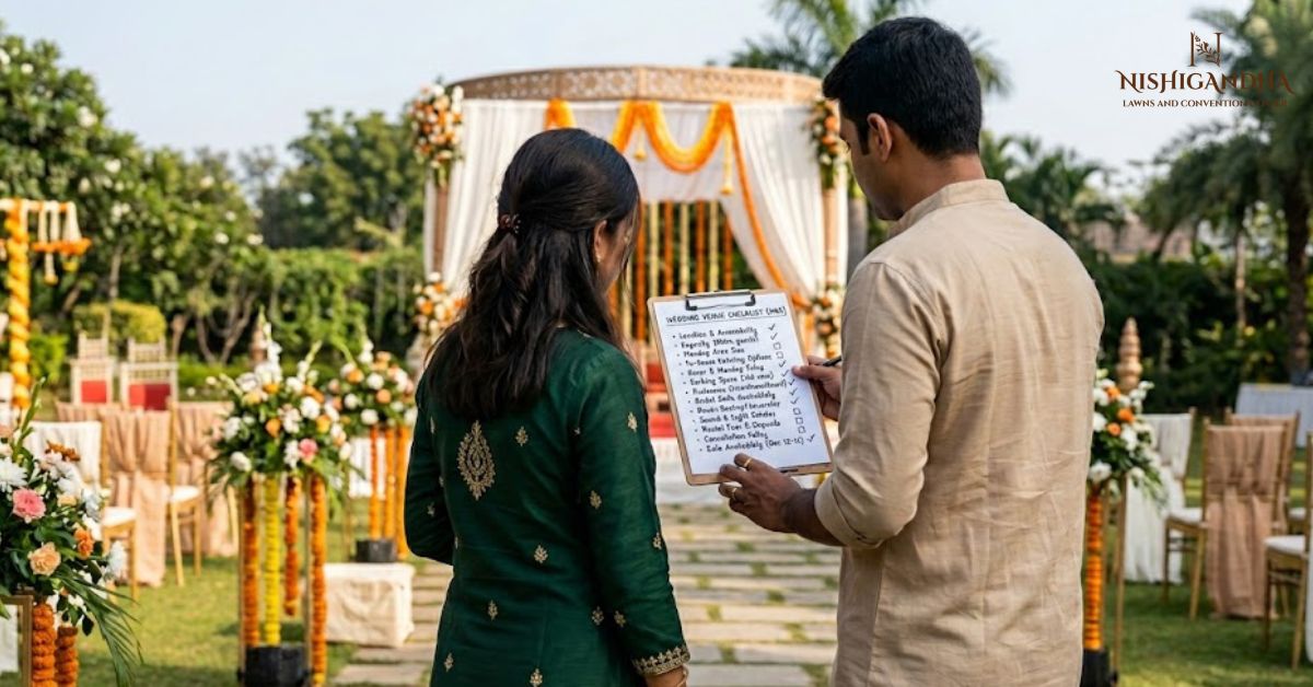 Bride and groom discussing wedding venue options at beautiful wedding lawns in Pune with elegant outdoor setup