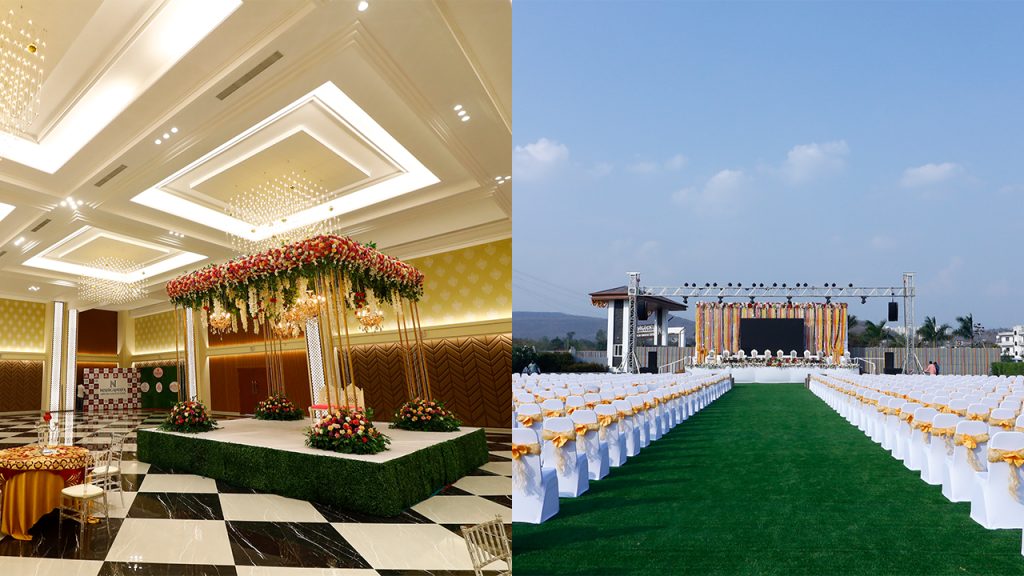 Elegant split-view wedding venue in Pune featuring a luxurious indoor banquet hall and a beautifully decorated outdoor lawn setup for weddings and receptions.
