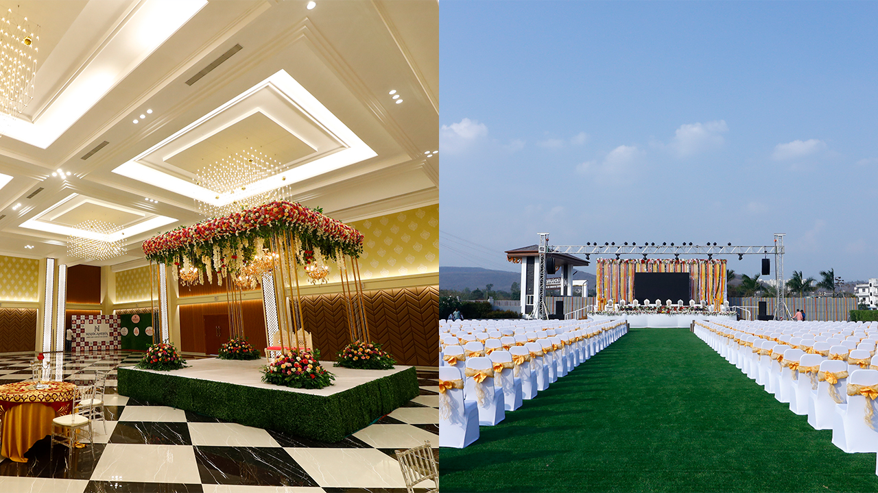 Elegant split-view wedding venue in Pune featuring a luxurious indoor banquet hall and a beautifully decorated outdoor lawn setup for weddings and receptions.