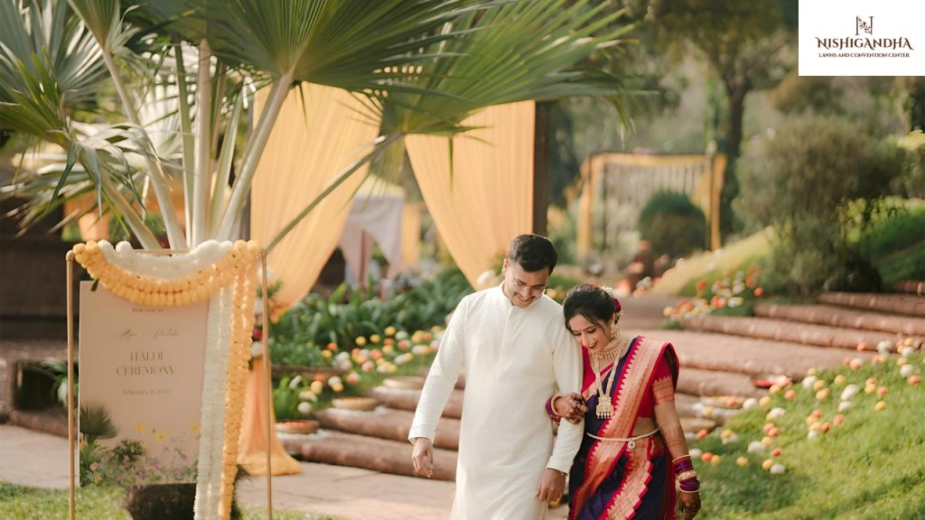 Beautiful destination wedding setup in Pune with elegant décor, outdoor venue, floral arrangements, and guests celebrating.