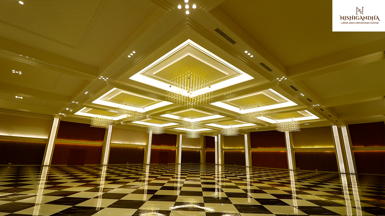 Modern convention centre in Pune hosting a successful corporate event with conference seating, stage setup, and professional business attendees.