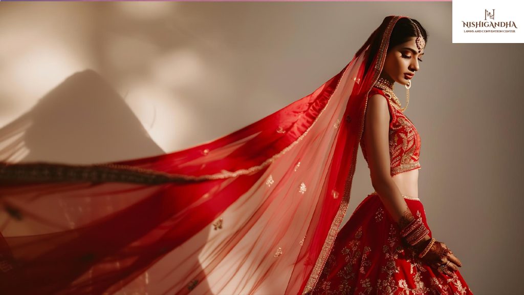 Indian bride wearing a bridal lehenga with an elegant dupatta drape showcasing popular wedding dupatta styling ideas.