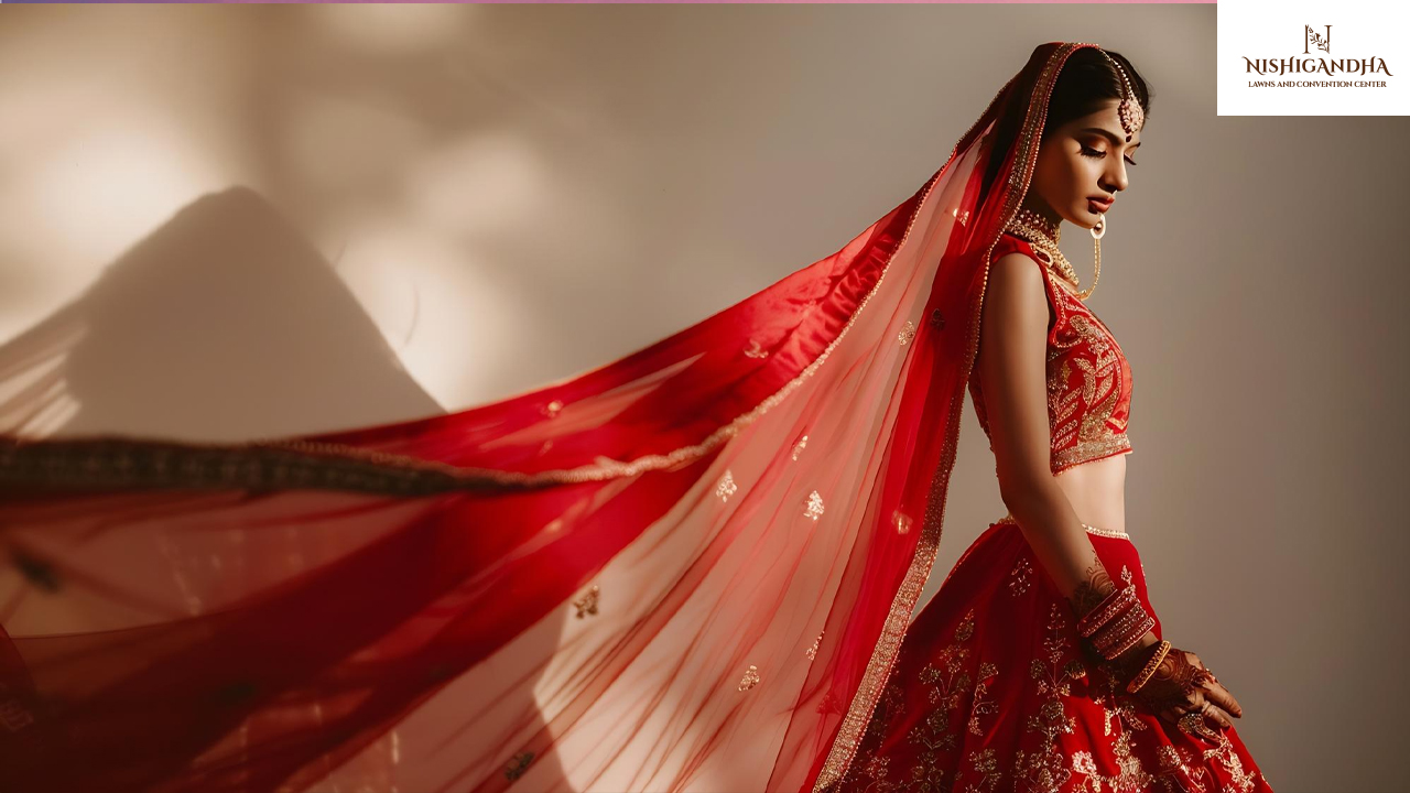 Indian bride wearing a bridal lehenga with an elegant dupatta drape showcasing popular wedding dupatta styling ideas.