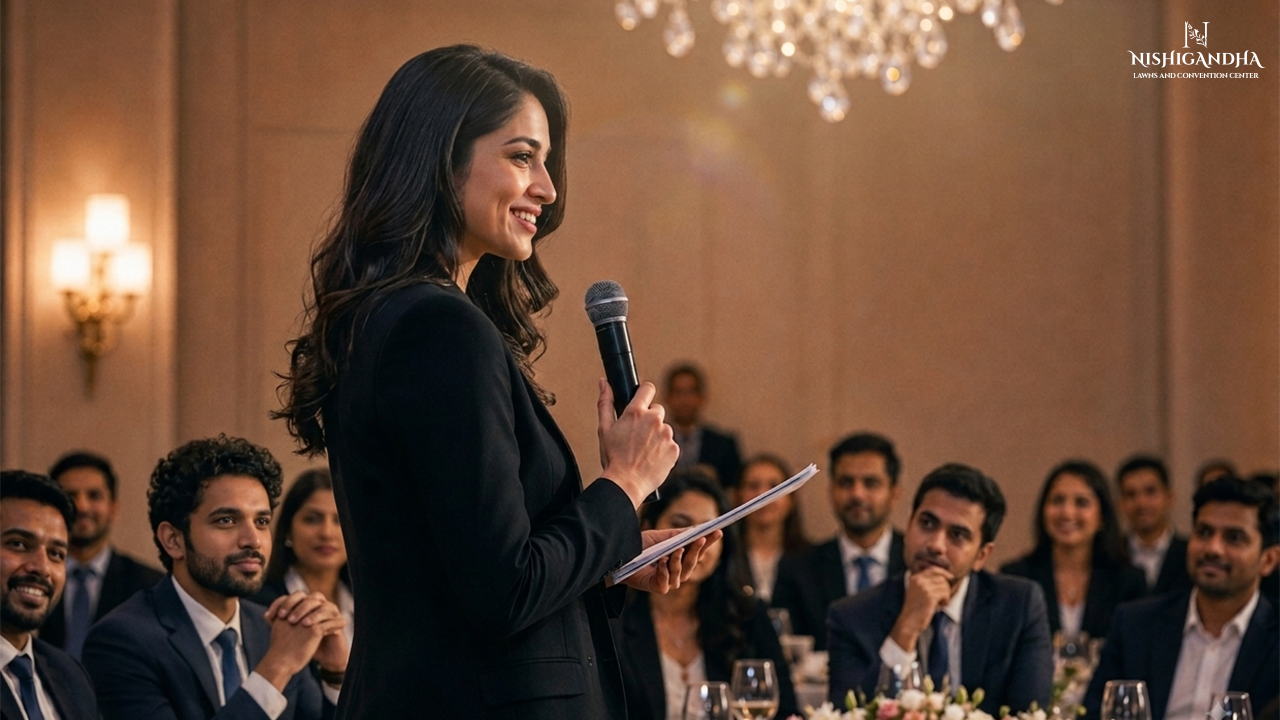 Elegant corporate event venue in Pune set up for a conference or product launch