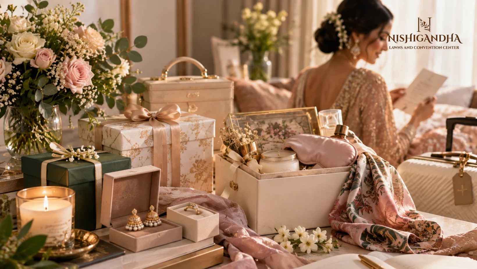 Elegant wedding gifts thoughtfully arranged for a modern Indian bride