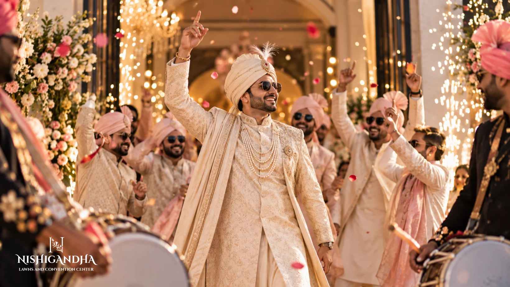 Groom making a grand entrance with friends and dhol players at an Indian wedding